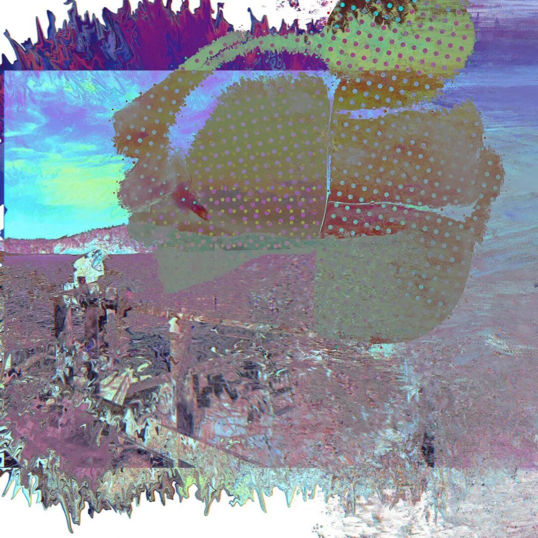 A white square image with a rectangle-shaped image in the middle creating white borders. The rectangle image has "bled out" to the white canvas around it in multiple places. The very right side of the canvas is painterly and stretched, colors at the very top being purple and blue but then tending towards a darker pink hue. A bit top-right from the center covering about a quarter of the image is a rough abstract painted blob halftoned, ie. filled with orderly dots that inverts the colors under it, shifting the mood. The picture is more clear on the left side, showing abstractly with a dark pink ground and light blue sky, a body of water with islands in the horizon and some man-made structure in the foreground. The left part has "bled out" in a more distorted manner, on the top in what almost looks like a purple splash of thick paint with differently-colored accents, with a very similar construct on the bottom but in an almost golden hue with light blue.