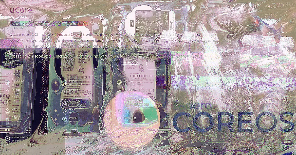 An abstract textured digital collage artwork with an interplay between dark light green and blight pinkish tones. Contains images of HDD disks, ZFS vdev layout guides, the plus logo of Fedora CoreOS and first few lines of the README of "uCore", and some tiny logos of self-hosted services like Jellyfin, Immich and Prowlarr.