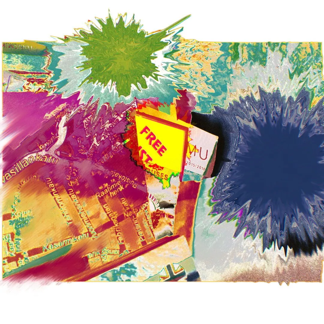 Abstract digital artwork; a square white canvas with an image centered on it. The image appears to have a stack of papers, at least one of which is a map. At the center there a corner of one paper sticks out; a bright yellow background with the bright red text "FREE" on it aligned diagonally. The map to the left of it and other papers below are colored in a saturated and sunny yellow and a nice deep red purple. Yellow from the "FREE" is leaking onto other parts of the image as well. The edges of the image near the map are at points smoothly blending with the canvas with diagonal stripes. At the very top edge slightly left of center there's a distorted explosion of green and teal colors, leaking onto the white canvas. A similar explosion also covers most of the right side of the image, a desaturated blue with some purple-green accents. Surrounding that is just a noisy off-white texture mixed with some splashes of color here and there.