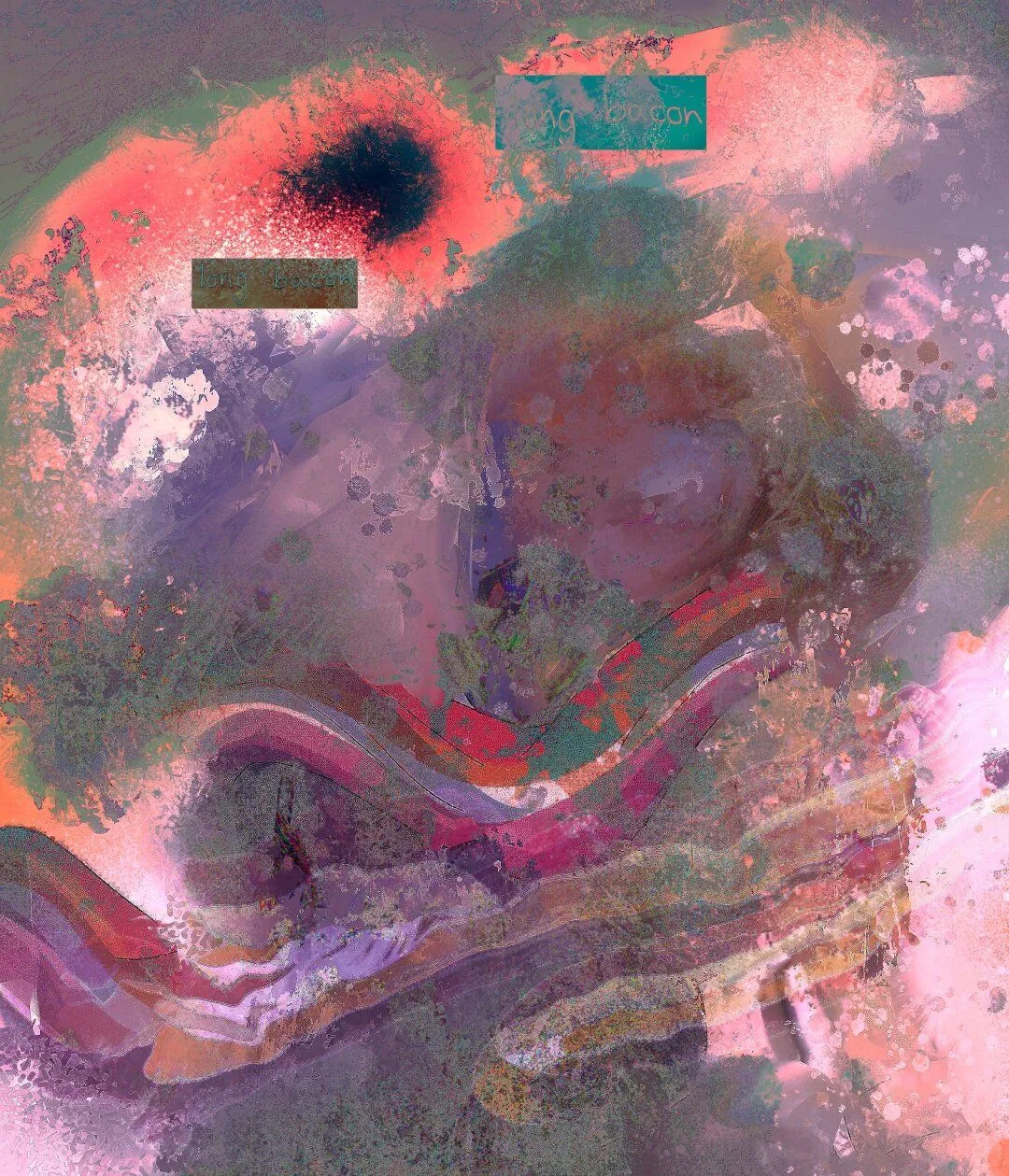 A richly-textured memetic abstract artwork with light red, pink, and orange shades. At the center is a darkish blurry mass, vaguely resembling the silhouette of two people, wrapped in a long lesbian flag (or rather, 'long bacon'). Overlaid on everything are varying bubbly and bright textures and darker greenish noisier textures. A bright whiteish red is spilling into the image from the right side. At the top of the image are some brighter orange-red areas  surrounded by a textured gray. Two boxes can be seen inverting the colors around them; both say 'long bacon' in handwriting. There's a dark blue black hole -like shape between the two boxes.