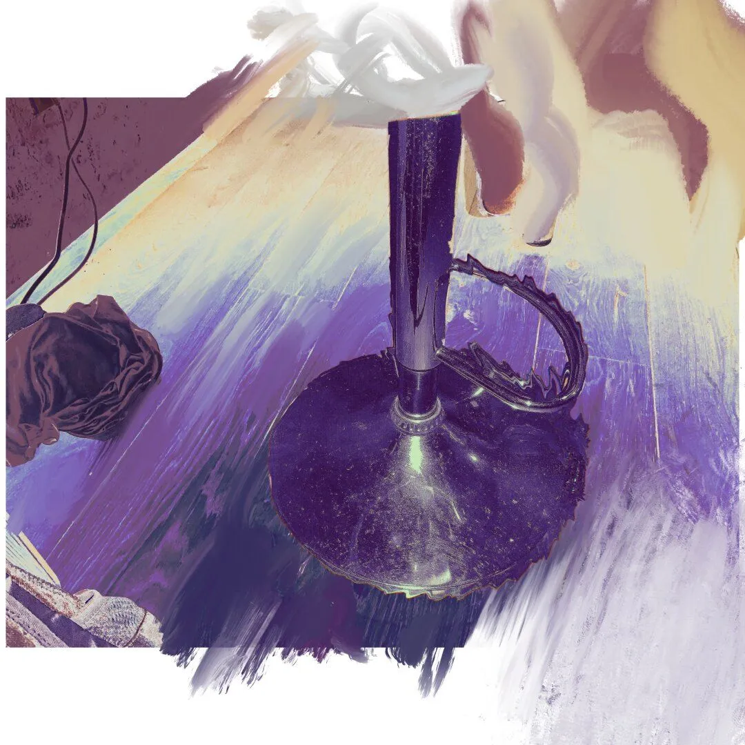 Abstract digital artwork; a square white canvas with an image centered on it. The image appears to have a round shiny metallic table or stool leg on a wooden floor. The metallic area is crispy and noise in a gorgeous deep blue with off-white greenish highlights. The rest of the floor is very blended with a mixture of different digital brushes and leaks onto the canvas, at the bottom more subtly, and at the top of the image as large painterly flourishes. On the floor seems to be some clothes or fabrics, which are also kept crispy, though their colors are also morphed. At the top-left of the image, a desaturated purple wall with a stone texture. There is a wall socket with dark blue / purple cables hanging from it.