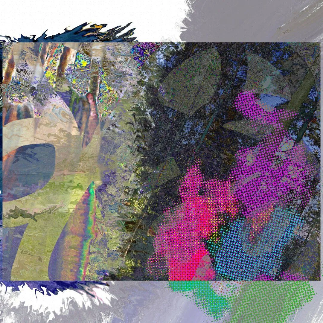 An abstract digital artwork; a white square with a horizontal picture in the center. The work is clearly divided by a noisy diagonal going center-bottom-left to center-top-right. On the right side the whole canvas is filled with a pretty uniform shade of gray, though the image shows a noisy texture that appears to be derived from a picture of a forest; blue sky and accents caused by the sun are clearly visible. Additionally, layered on top of the right side are dense neon halftones; grids of dots in pink, purple, and teal. On the left side of the divide is a smoother and lighter area with a nice grayish blue and a warm greenish yellow glow forming calm shapes. There is less forest in the texture, maybe more some textile, and some rainbow accenting is visible too. At the very top-left, there is an area with harsh contrast, thick brown 3D lines going pointing up as magnificent columns in front of a noisy and distorted background with saturated colors, lots of yellow and teal, also purple