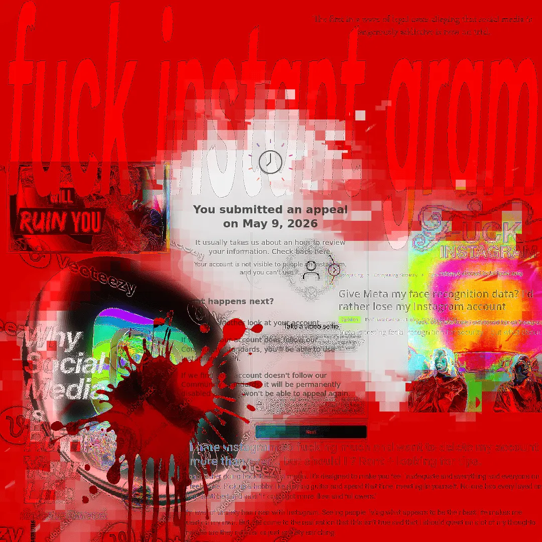 Collage artwork with a prominent bright red background. Top half reads "fuck instant gram" in stretched generic sans-serif. In the middle, on a white background, screenshot from "You submitted an appeal on May 9, 2026" Instagram page. Bottom left: Colorful Instagram logo covered in metallic blood, "Why social Media is Ruining Your Life". Above that, the logo of Vecteezy and a part of what seems to be a video thumbnail that reads "Will Ruin You". On the right, on a colorful background, "Fuck Instagram" movie poster and "Give Meta my face recognition data? I'd rather lose my Instagram account" article title