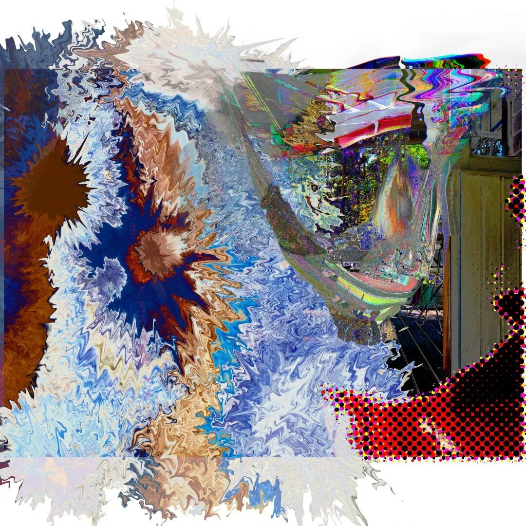 An abstract digital artwork where on a white square canvas lies a horizontal image, which in some parts has bled out to the canvas. On the left side of the image there is an exploding color field alternating between a light frosted blue and a murky warm brown. The area has a liquid mixing quality to it and there is a great variety of different colors alternating texturally. The area is spilling onto the canvas on both top and bottom, though on there it looks dried out and desaturated. The area is broken on the right by anoisy gray arc with fields of rainbow color, after which a more noisy and colorful texture emerges. There appears to be some wooden paneling on the right side of the picture, though that is broken in the bottom-right corner by a mostly red-black halftone; a grid of differently sized black points on top of a bright red area in a shape resembling a cliff.